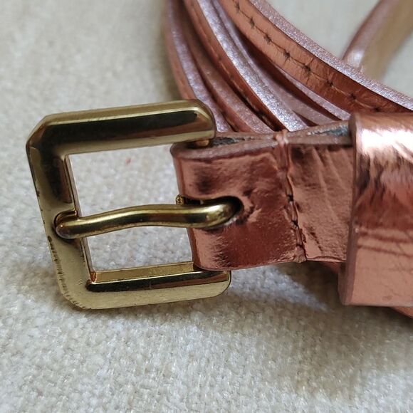 J. Crew Skinny Metallic Copper Leather Belt Square Brass Tone Buckle Size Large - Picture 2 of 10